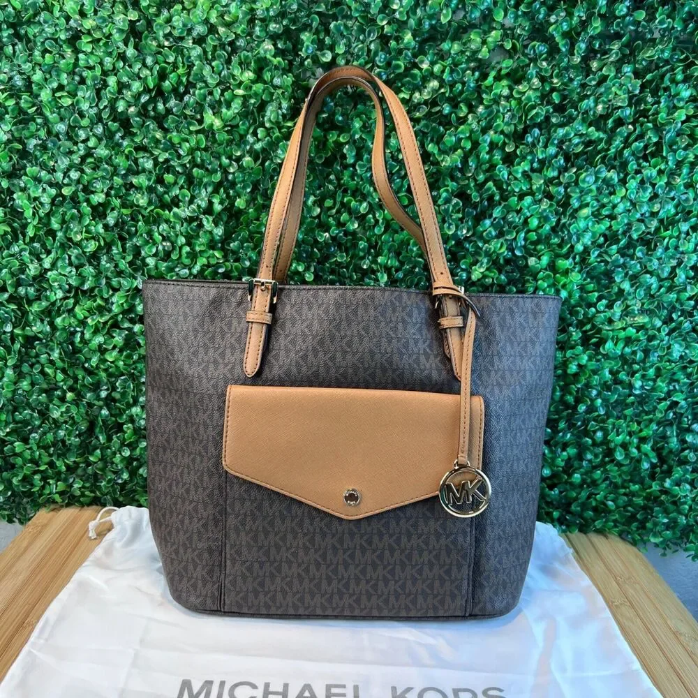 Michael Kors Jet Set Medium Pocket Tote Bag in Brown & Dust Cover Designer Tote